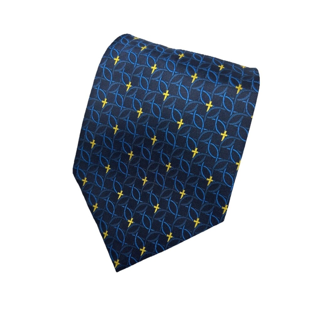 Eagle Neckwear Tie Blue Fish Gold Cross Pattern 100% Polyester  55.5"x‎ 3.75"